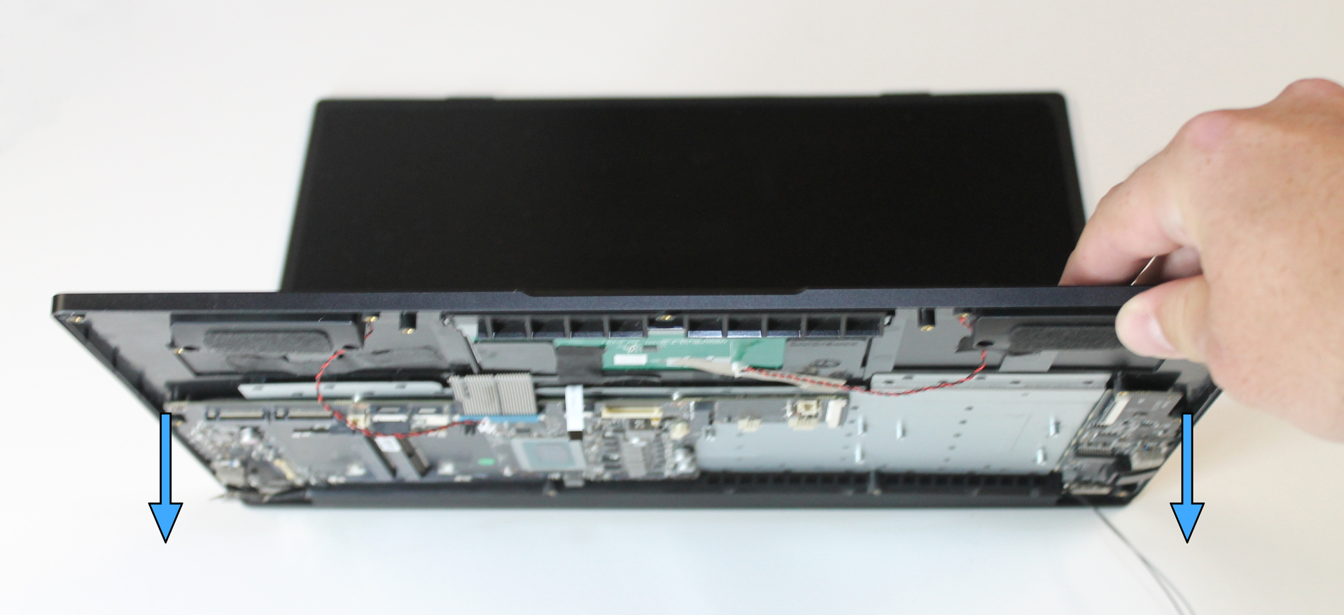 Chassis above hinges showing direction to lower onto hinges