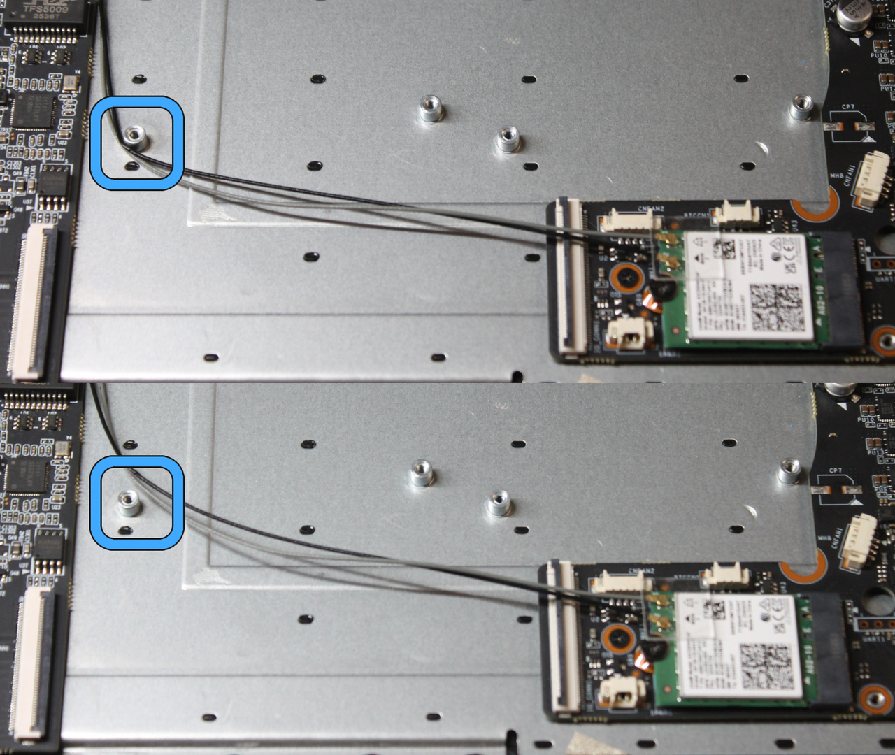 Comparison of coaxial cable placement around fan or under fan