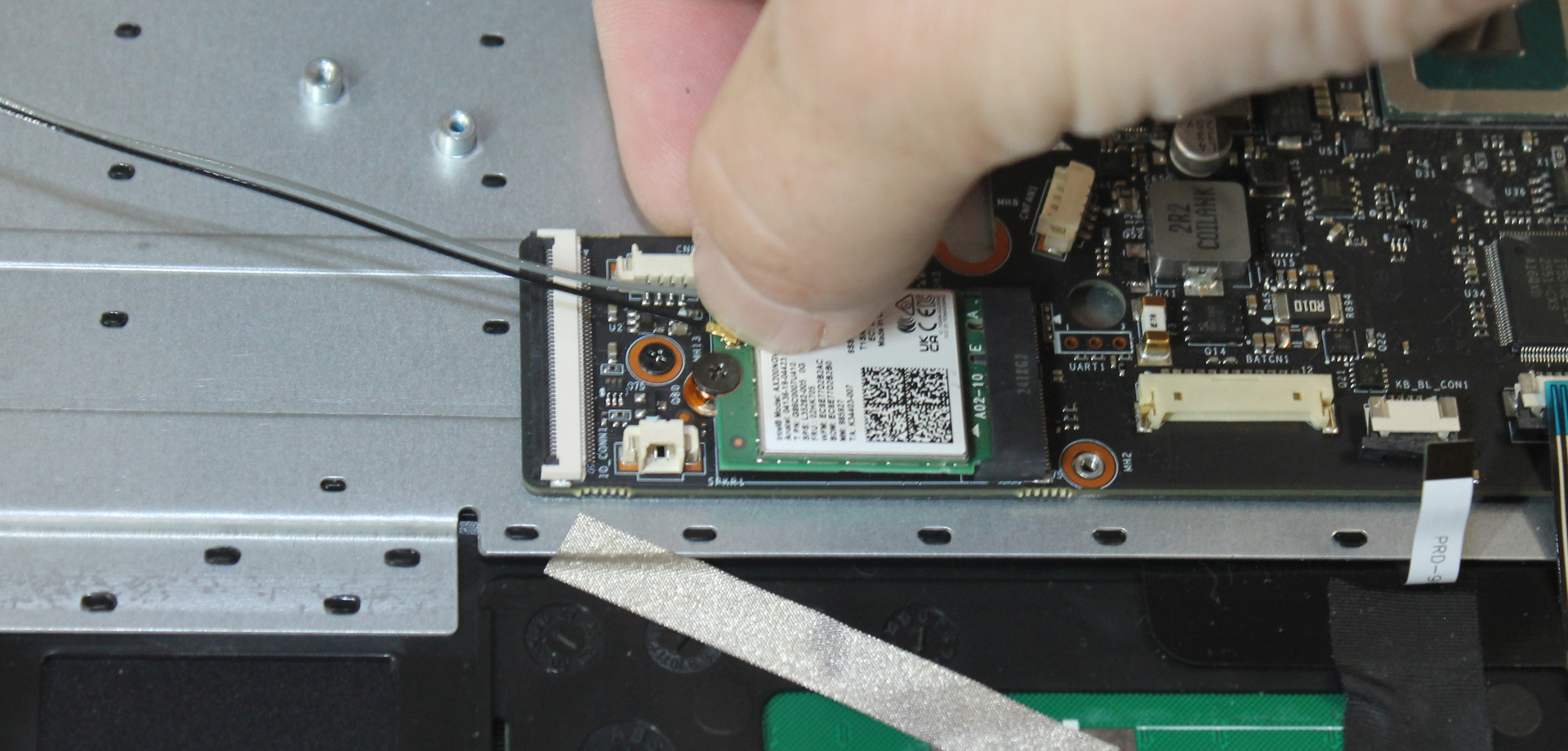 Coaxial cable in position and pressed onto connector