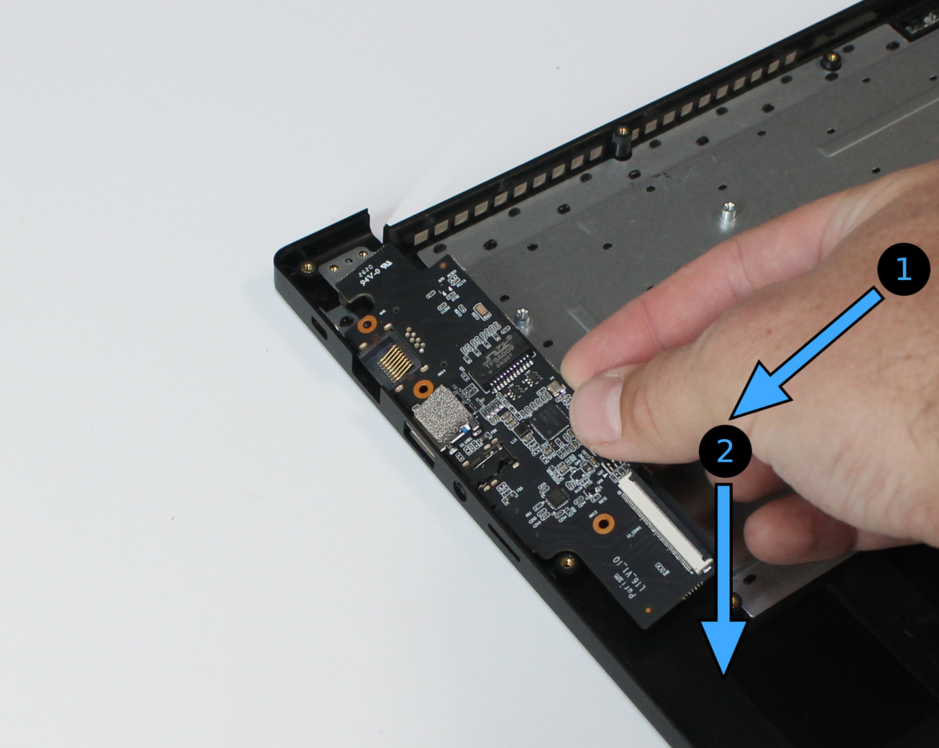 I/O board inserted, with insertion directions marked
