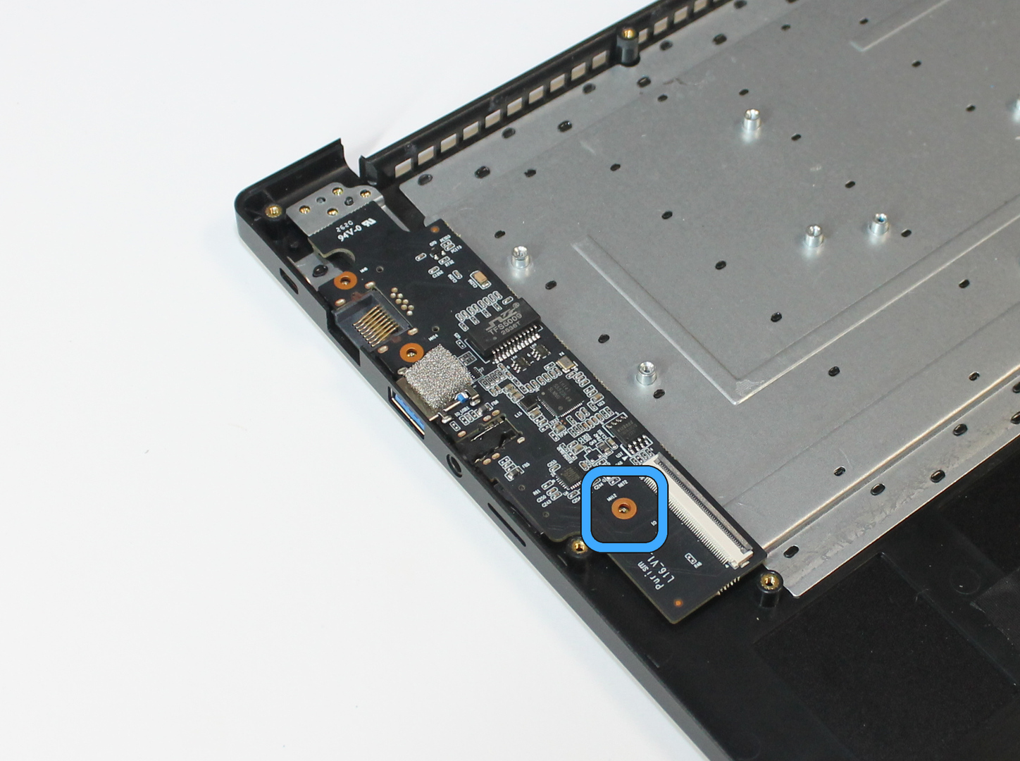 I/O board, with screw location marked