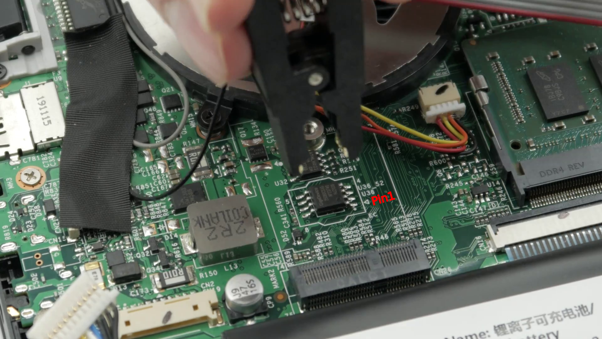 Librem 14 SOIC8 clip lining up with EC chip pin