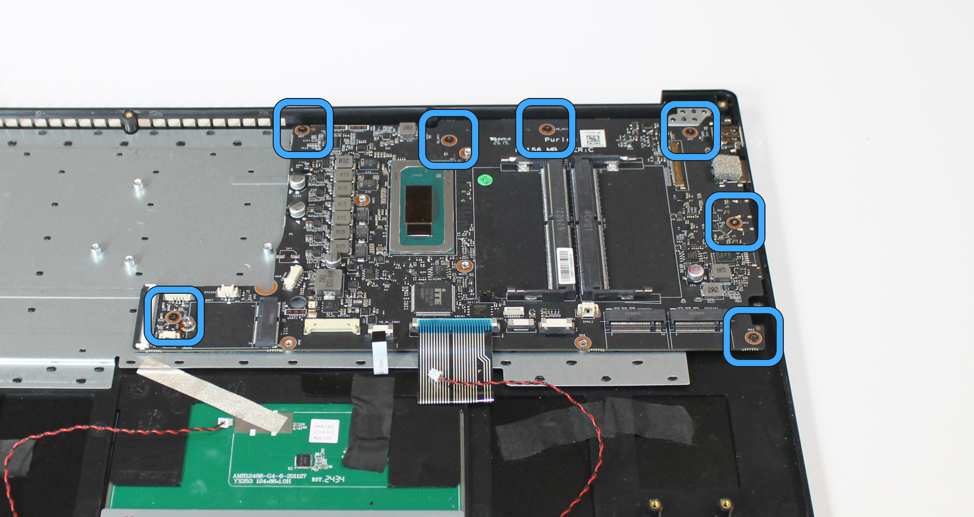 Mainboard with screw locations marked