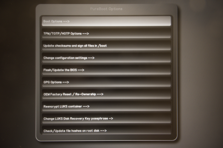 Screenshot of the PureBoot options menu