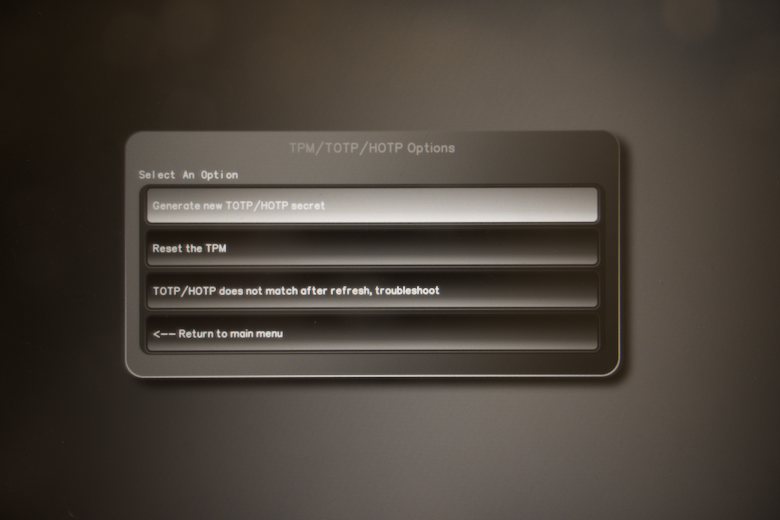 Screenshot of the PureBoot TPM/TOTP/HOTP options menu