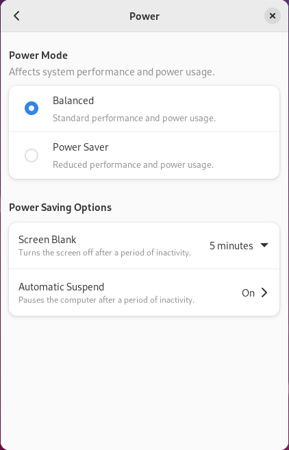 Settings "Power" menu