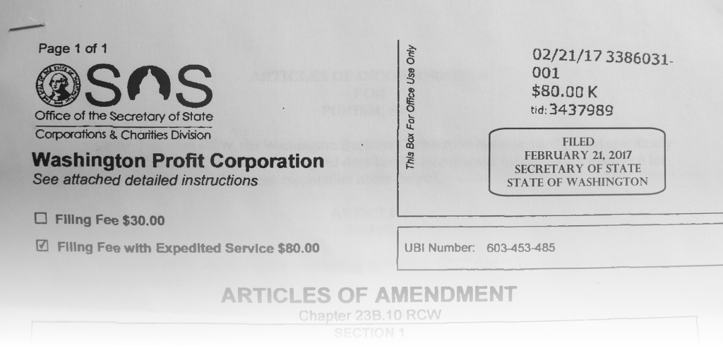 Purism's Articles of Amendment codifying it as a Social Purpose Corporation
