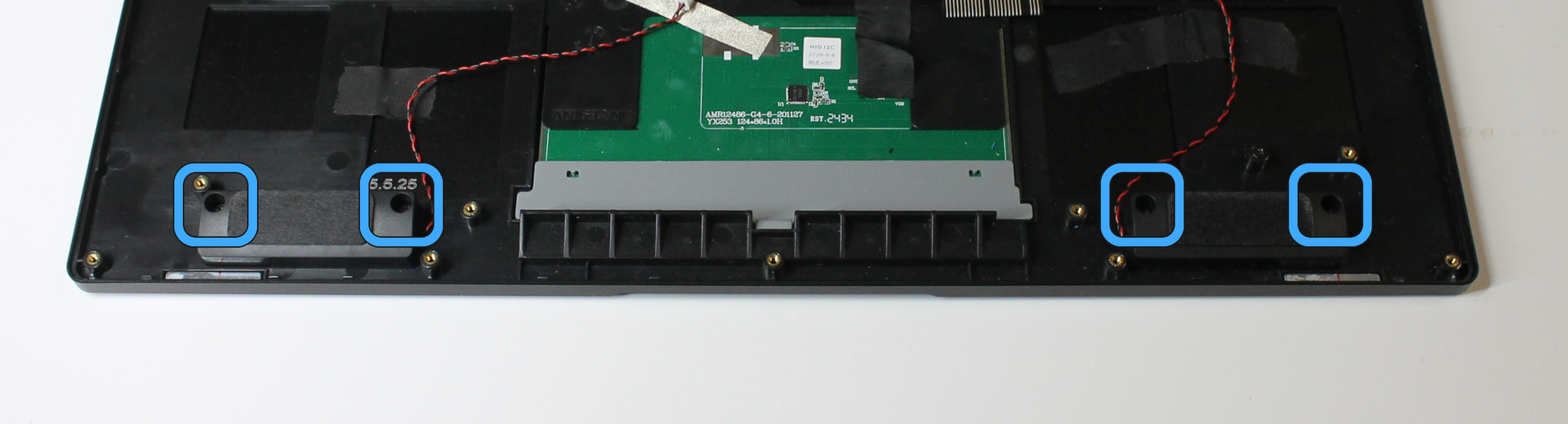 Speaker locations, with screws marked