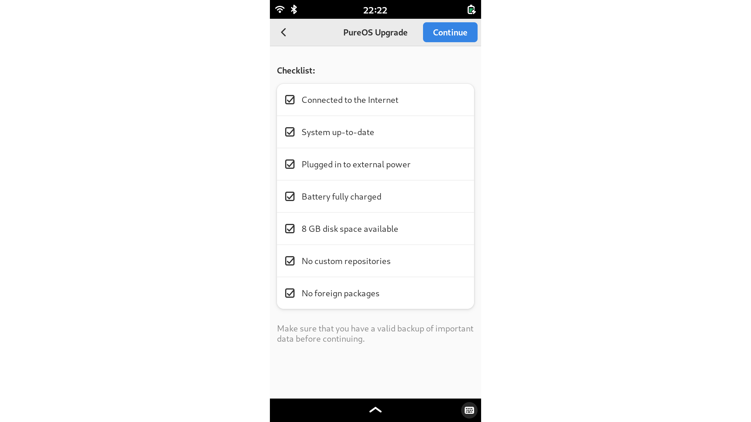 Screenshot of the PureOS Upgrade application checklist requirements.